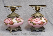 Pair French Painted Glass Lamp Bases Tables Lights